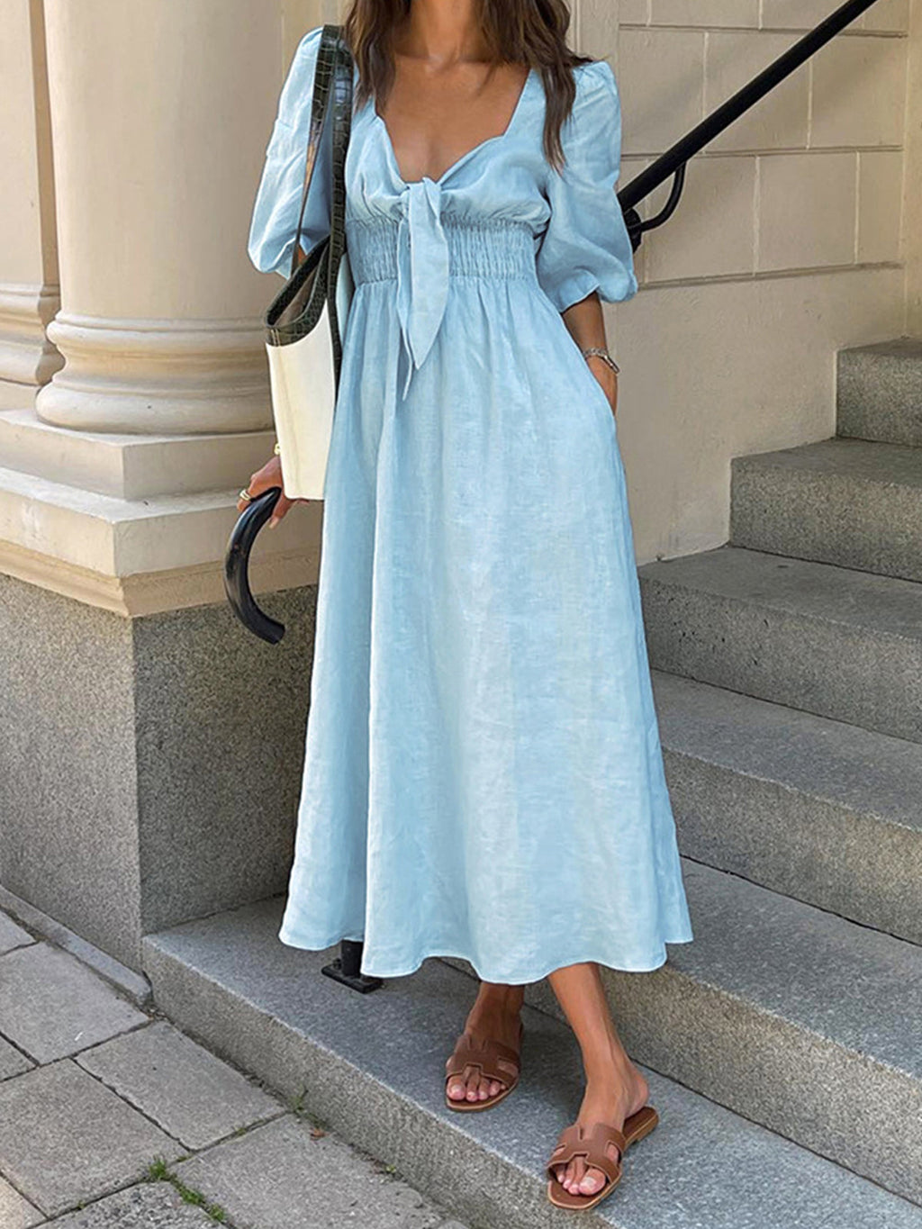 Jacqueline - Midikleid mit Krawatte aus Leinen und Baumwolle