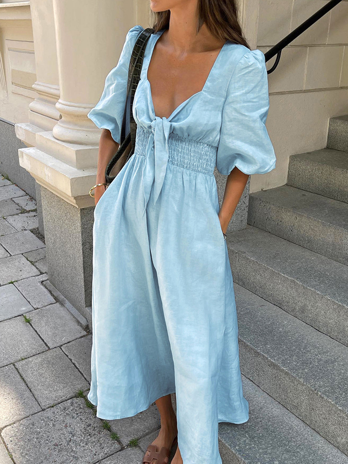 Jacqueline - Midikleid mit Krawatte aus Leinen und Baumwolle