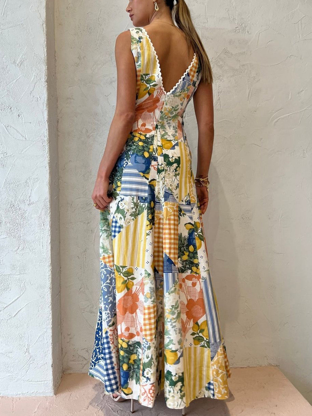 Holly - Lemonade Print Langes Kleid mit Spitzenbesatz