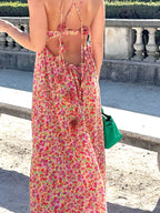 Emine - Boho Floral Print Rosetten Dekor Halter Langes Kleid