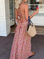 Emine - Boho Floral Print Rosetten Dekor Halter Langes Kleid