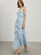 Alina - Langes Kleid mit Spaghettiträgern und Volants