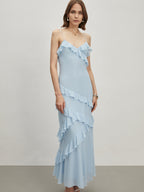 Alina - Langes Kleid mit Spaghettiträgern und Volants