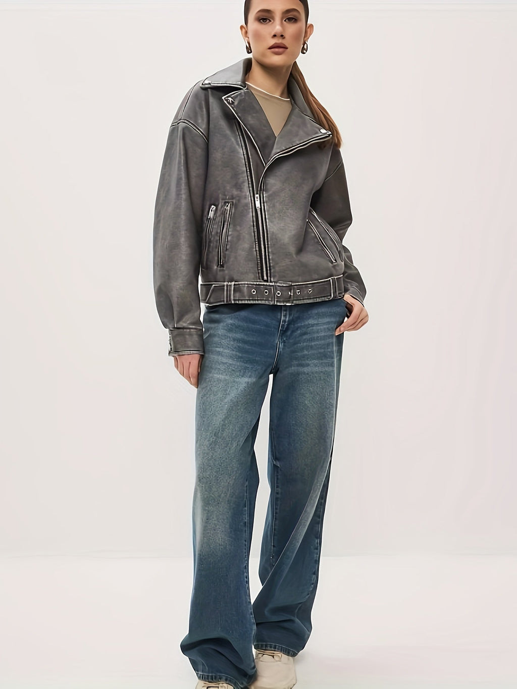 Oversize-Lederjacke mit Gürtel