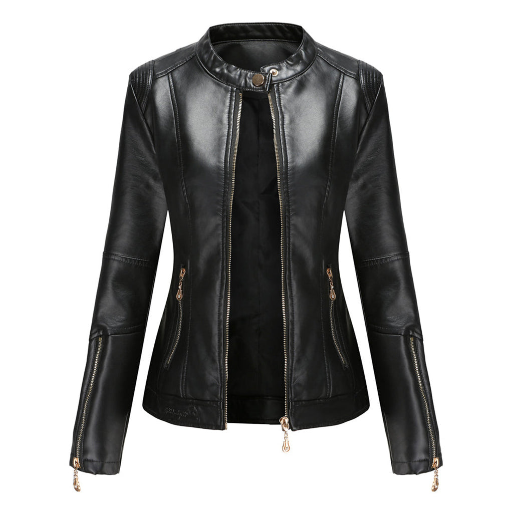 Elegante Lederjacke mit Rundhalsausschnitt und Knopfverschluss