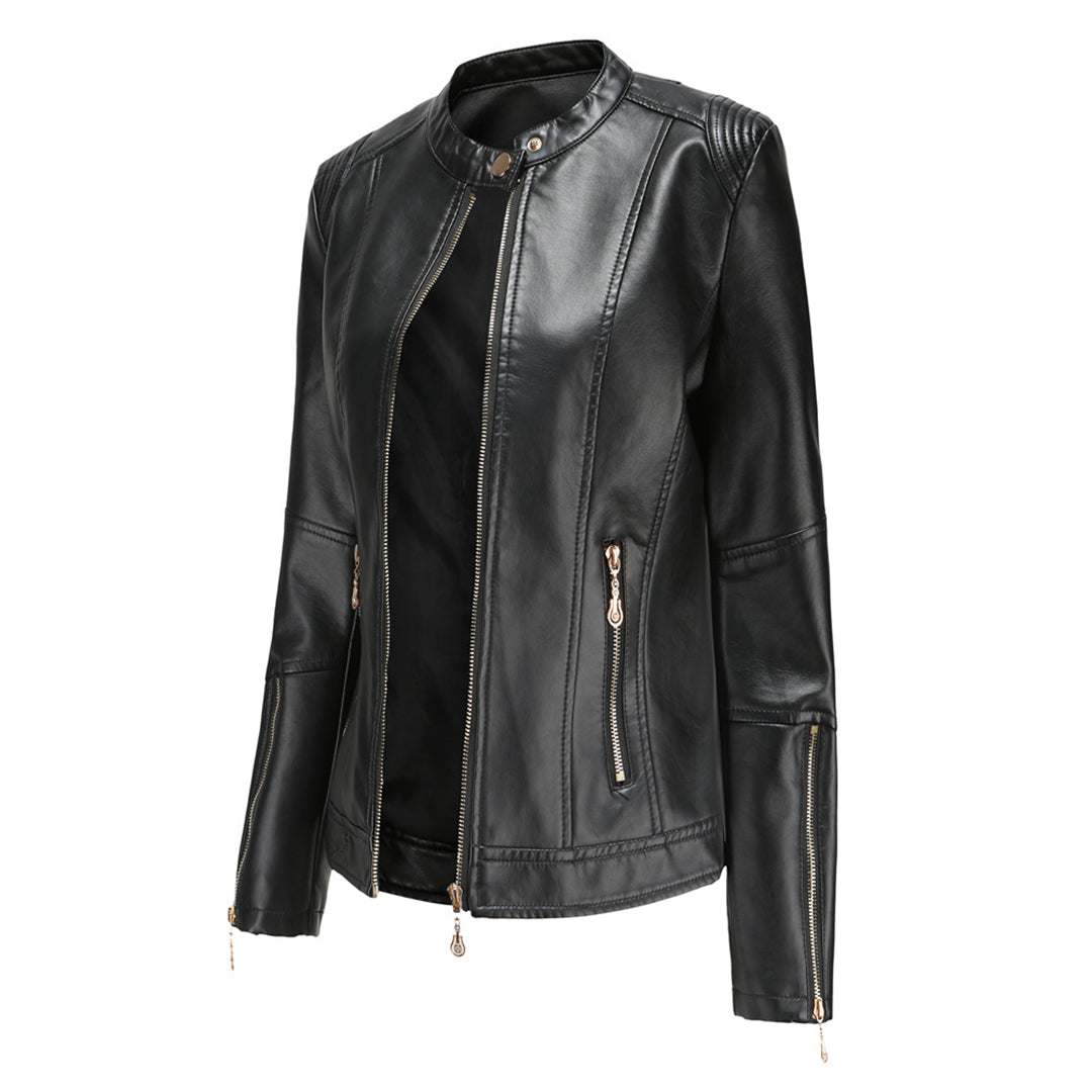 Elegante Lederjacke mit Rundhalsausschnitt und Knopfverschluss
