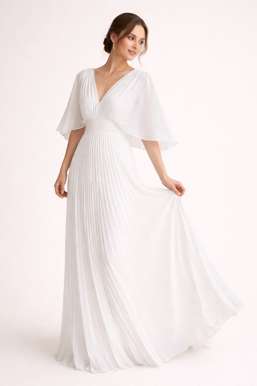 Langes plissiertes Damenkleid mit kurzen Ärmeln und elegantem V-Ausschnitt - Norevia