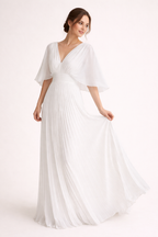 Langes plissiertes Damenkleid mit kurzen Ärmeln und elegantem V-Ausschnitt - Norevia