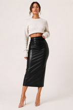 PU-Midirock für Damen mit hoher Taille und Raffung – Siglinde