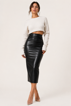 PU-Midirock für Damen mit hoher Taille und Raffung – Siglinde