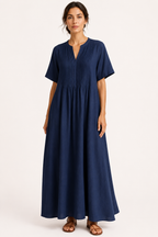 Langes Damenkleid mit V-Ausschnitt, kurzen Ärmeln, Falten und Taschen – Eilika