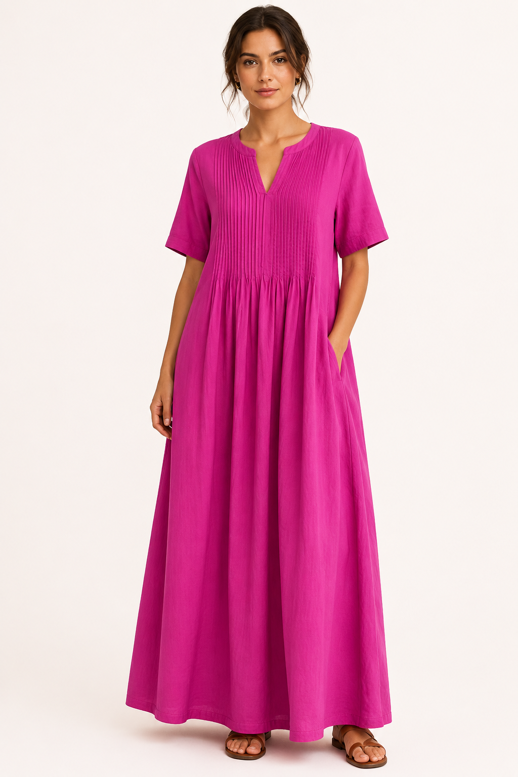 Langes Damenkleid mit V-Ausschnitt, kurzen Ärmeln, Falten und Taschen – Eilika