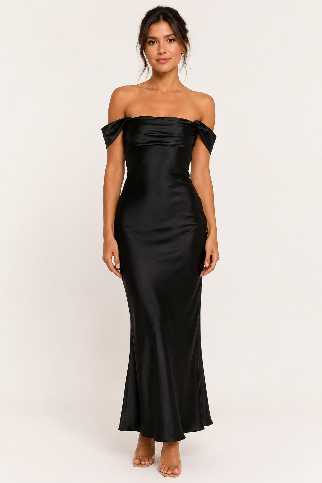 Langes Damenkleid mit Bardot-Ausschnitt und freien Schultern – Wendela