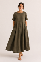 Langes Oversize-Kleid für Damen mit kurzen Ärmeln und Taschen – Gesine