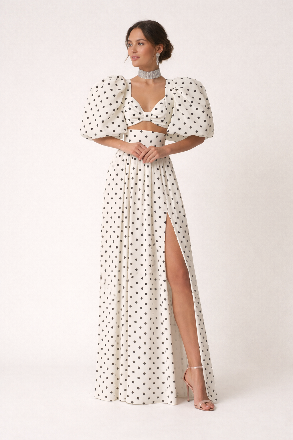 Oberteil mit Puffärmeln und Maxirock mit Tupfenmuster - Calista
