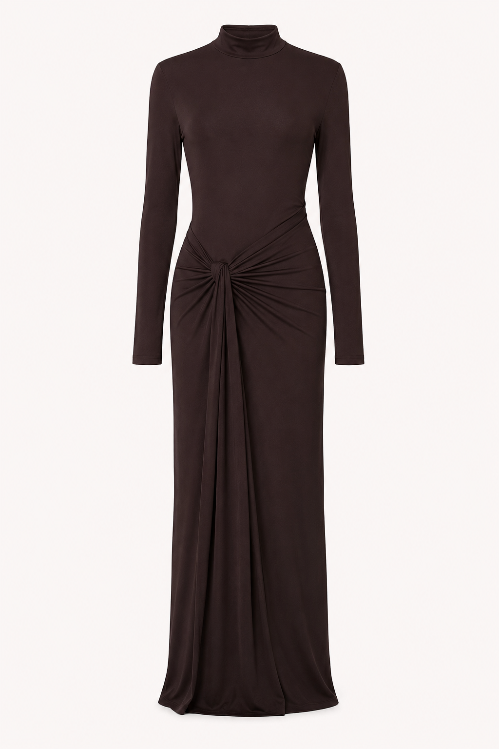 Langes Damenkleid mit hochgeschlossenem, drapiertem Ausschnitt – Monik