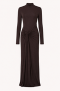 Langes Damenkleid mit hochgeschlossenem, drapiertem Ausschnitt – Monik