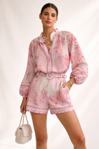Geblümtes Damenset mit Bluse und Shorts mit Gürtel - Noara