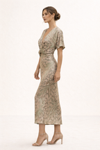 Bedrucktes Midikleid V-Ausschnitt Frontknoten Kurzarm Sommer - Jennifer
