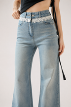 Damenjeans mit weitem Bein, hoher Leibhöhe und Spitzenverzierung – Irma