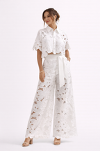 Damen-Set florale Spitze weite Hosen kurze Ärmel Bluse - Anneliese