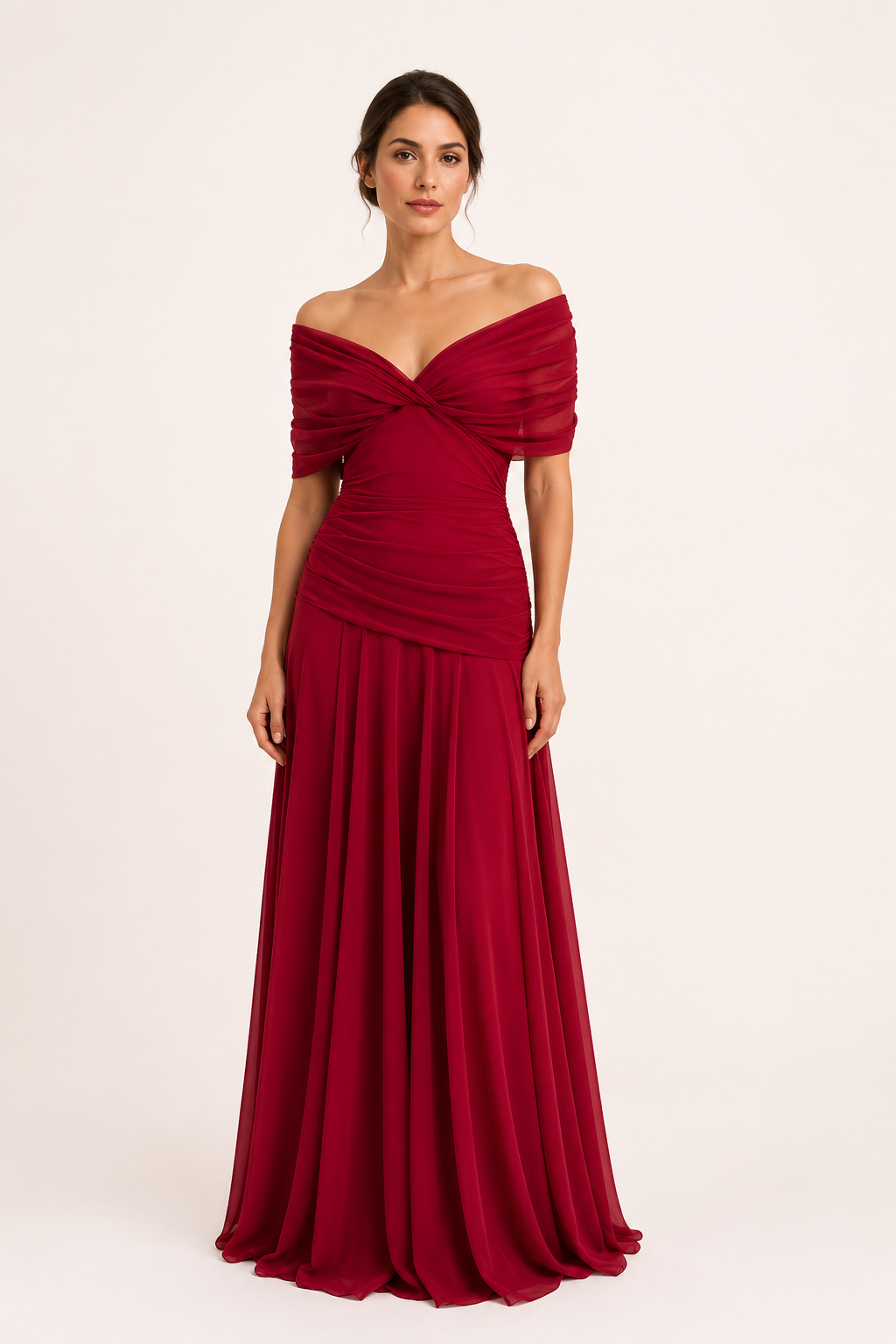 Langes, gerafftes Damenkleid mit V-Ausschnitt und freien Schultern – Marita