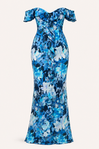 Langes, gemustertes Damenkleid mit freien Schultern – Käthe