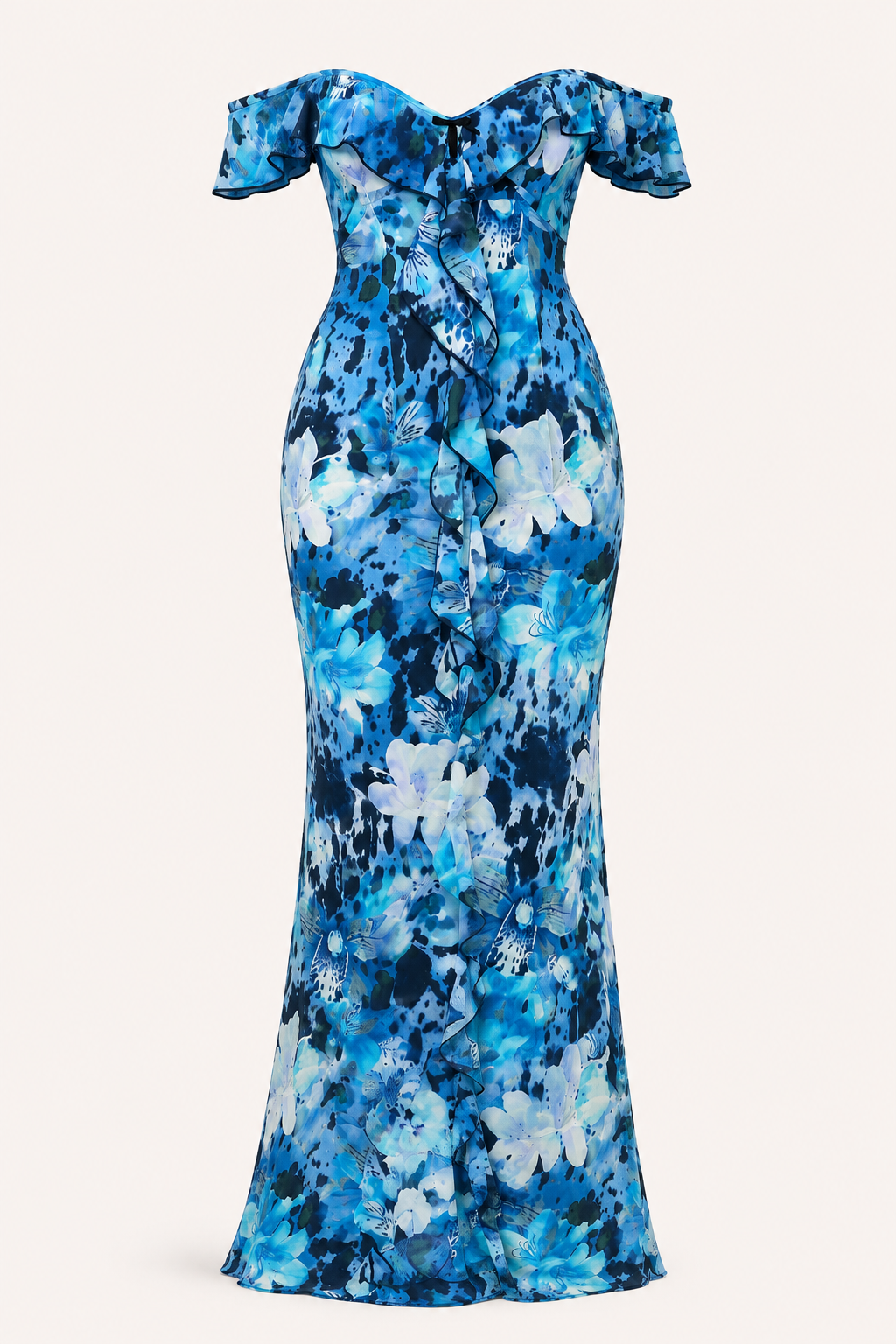 Langes, gemustertes Damenkleid mit freien Schultern – Käthe