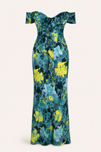 Langes, gemustertes Damenkleid mit freien Schultern – Käthe