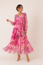 Florales Midikleid mit langen Ärmeln Frühling Frau - Paola
