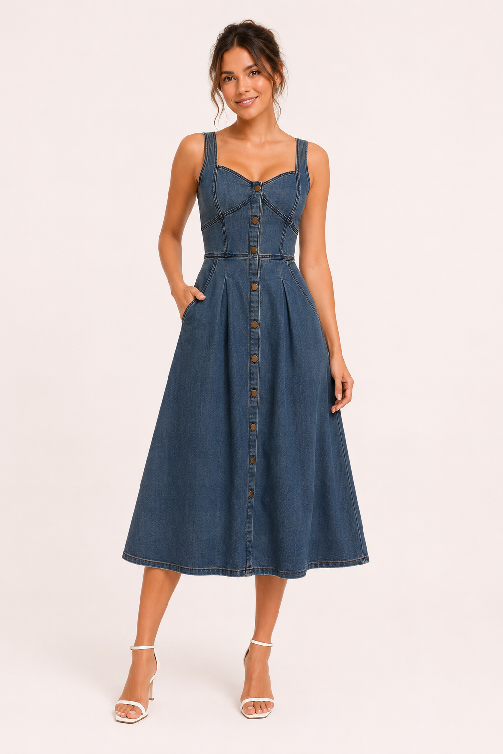 Damen Denim Midikleid mit breiten Trägern - Brigitte