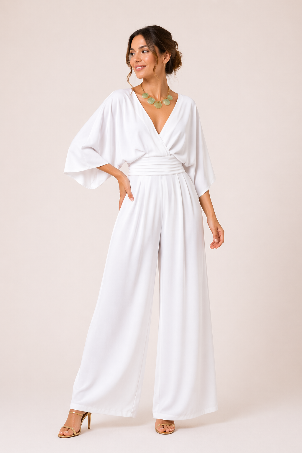 Langer Damen Jumpsuit mit weiten Ärmeln und überkreuztem Ausschnitt - Karime
