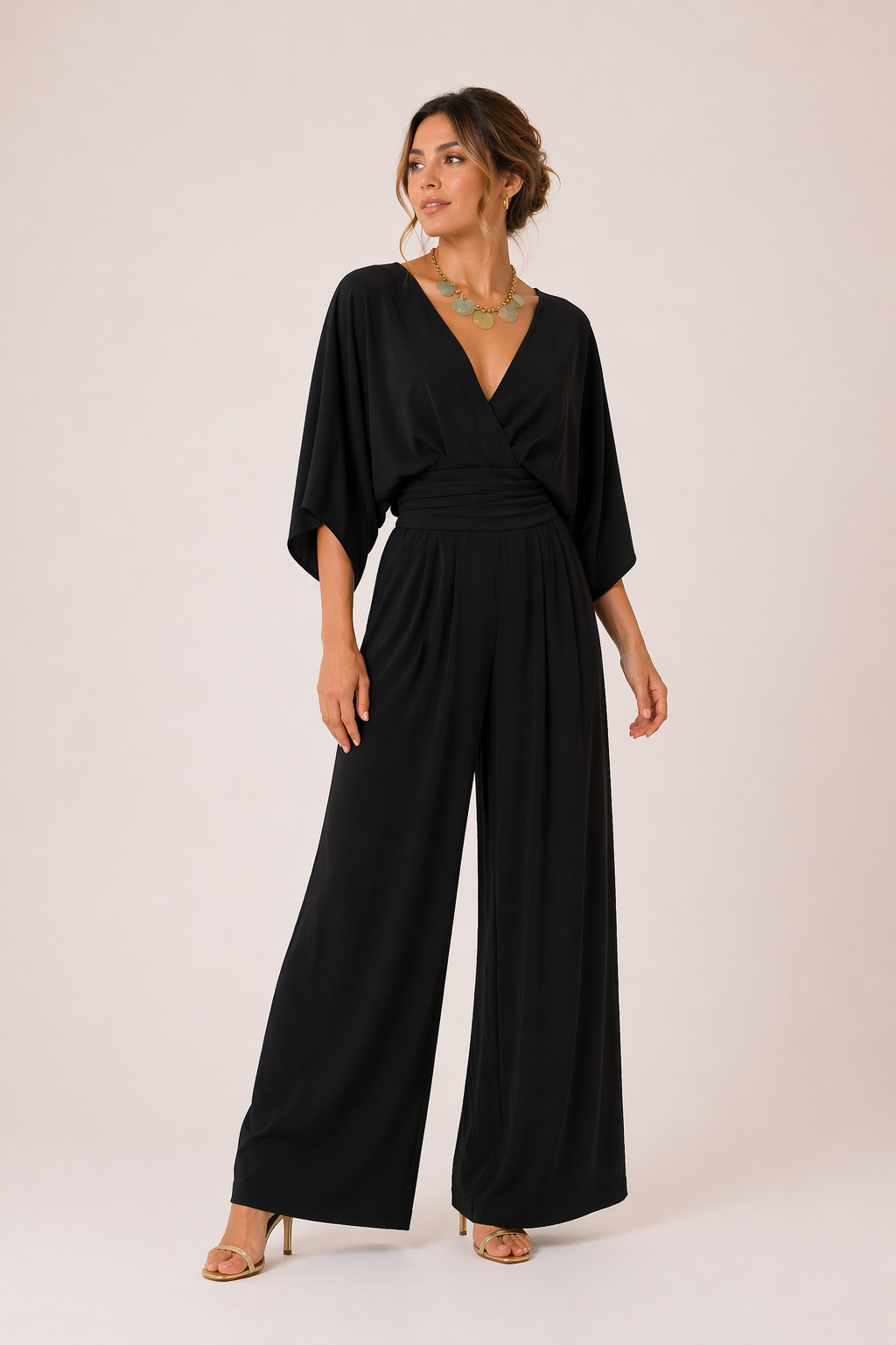 Langer Damen Jumpsuit mit weiten Ärmeln und überkreuztem Ausschnitt - Karime