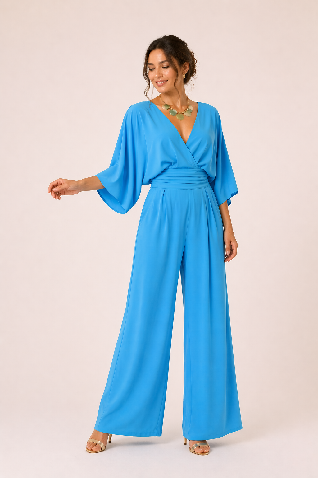 Langer Damen Jumpsuit mit weiten Ärmeln und überkreuztem Ausschnitt - Karime