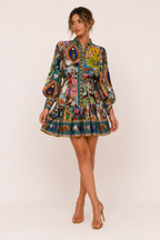 Bedrucktes kurzes Kleid mit langen Ärmeln und Gürtel für Frauen - Iria