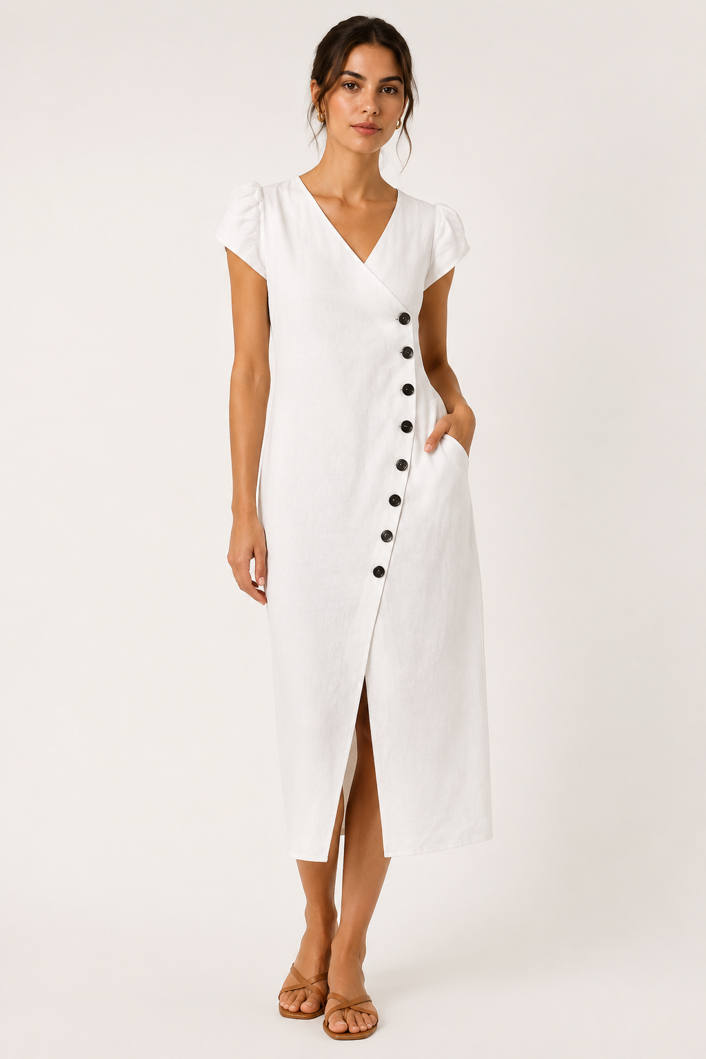 Midi-Kleid für Damen mit V-Ausschnitt und Knöpfen – Gisela