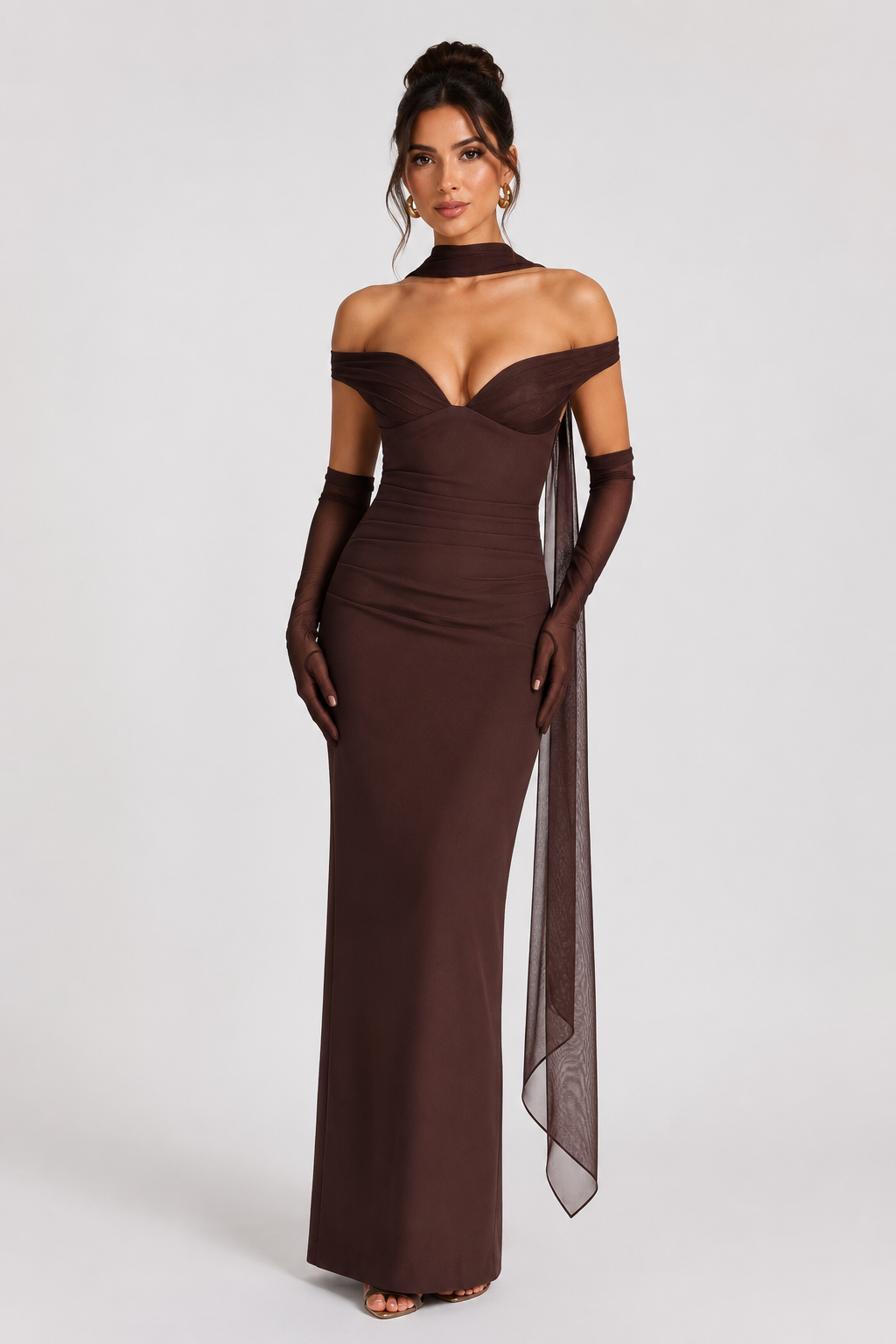 Langes Abendkleid für Damen mit Bardot-Ausschnitt und Schal – Fanny