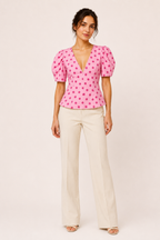 Damenbluse mit V-Ausschnitt, Polka-Dots und Puffärmeln – Romy