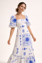 Bedrucktes Midikleid mit quadratischem Ausschnitt und Puffärmeln - Soleil