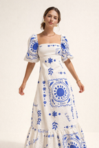Bedrucktes Midikleid mit quadratischem Ausschnitt und Puffärmeln - Soleil