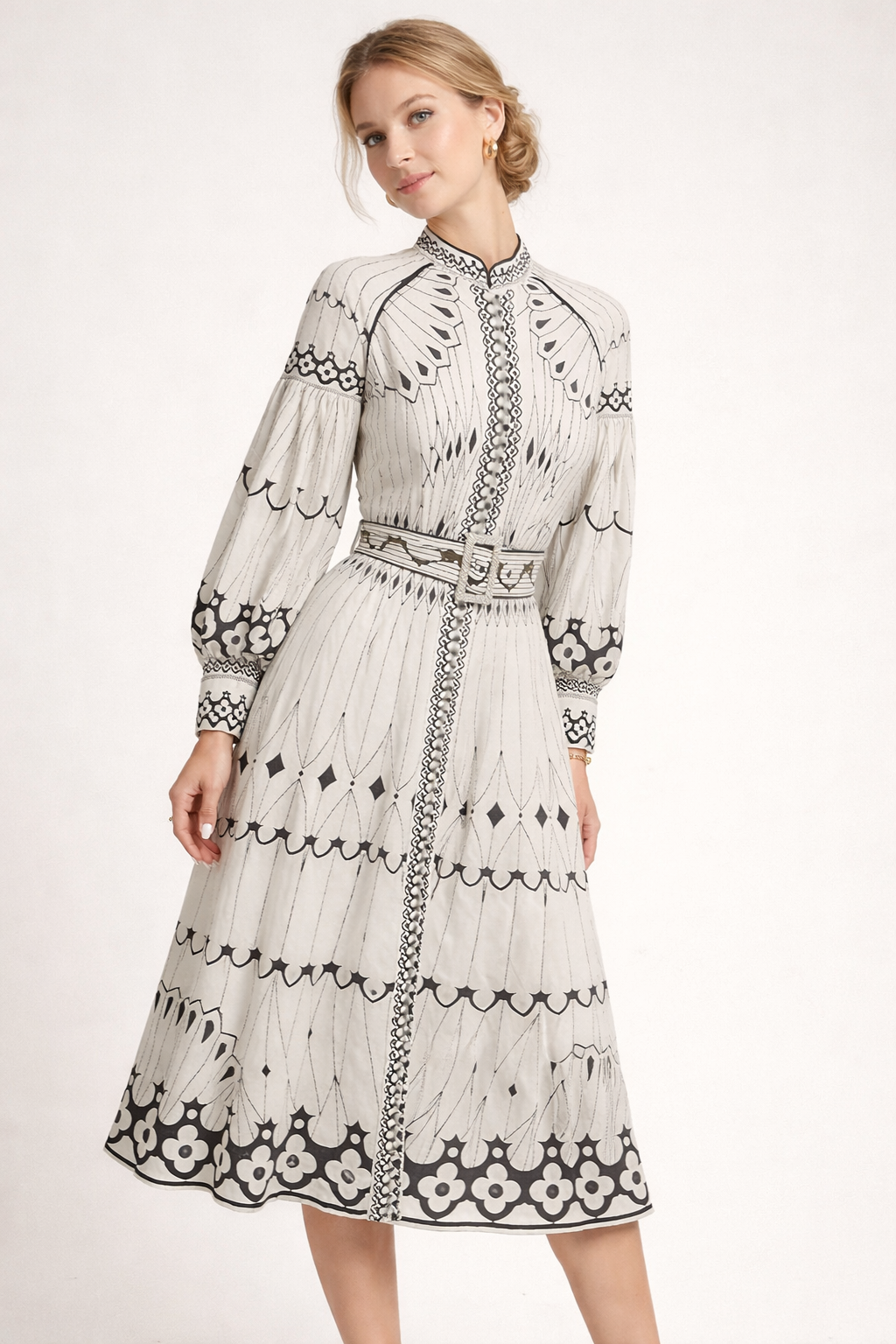 Midikleid mit Blumenmuster und Laternenärmeln für Frauen - Aurelia