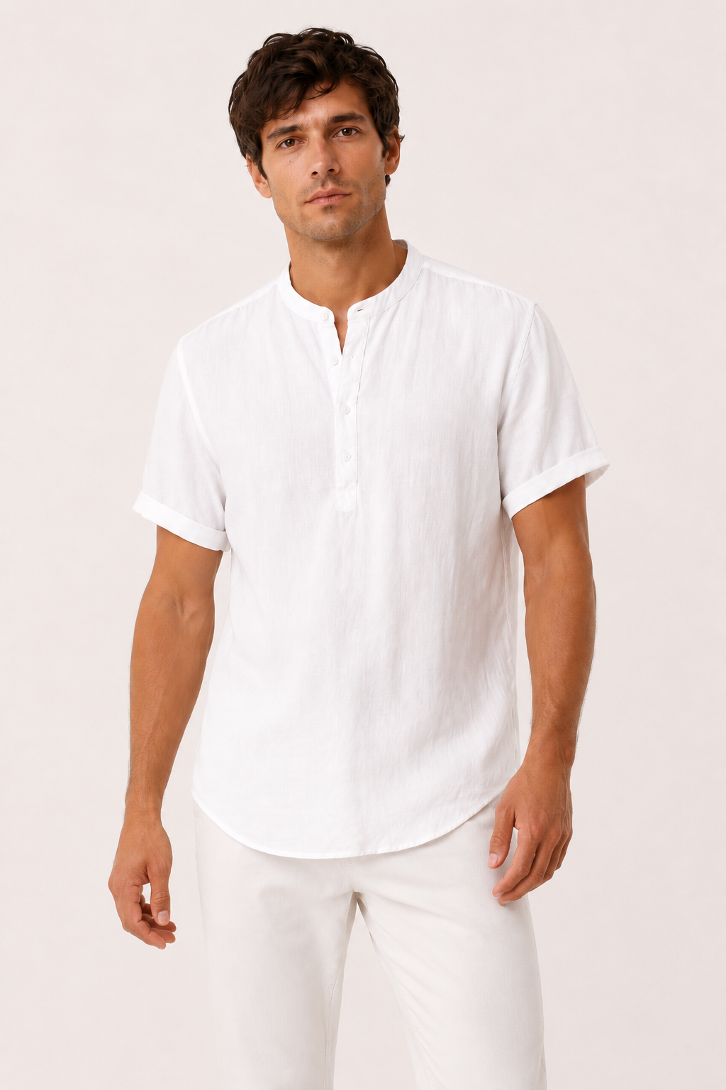 Herren-Kurzarm-Leinenhemd mit Mao-Kragen - Stefan