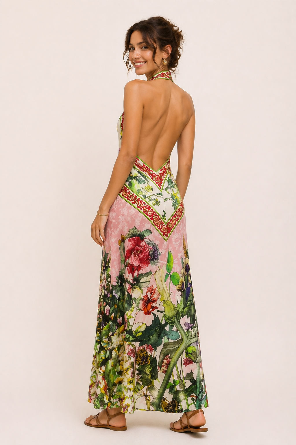 Langes Damen-Trägerkleid mit floralem Schlitz - Valery