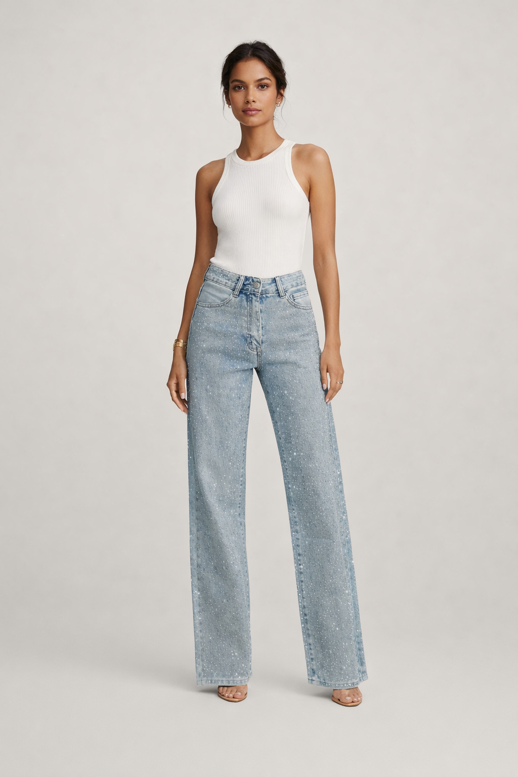Damen-Jeanshose mit hoher Taille und Strasssteinen - Amelie