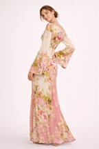Damen Maxikleid mit Blumendruck und ausgestellten Ärmeln - Helga