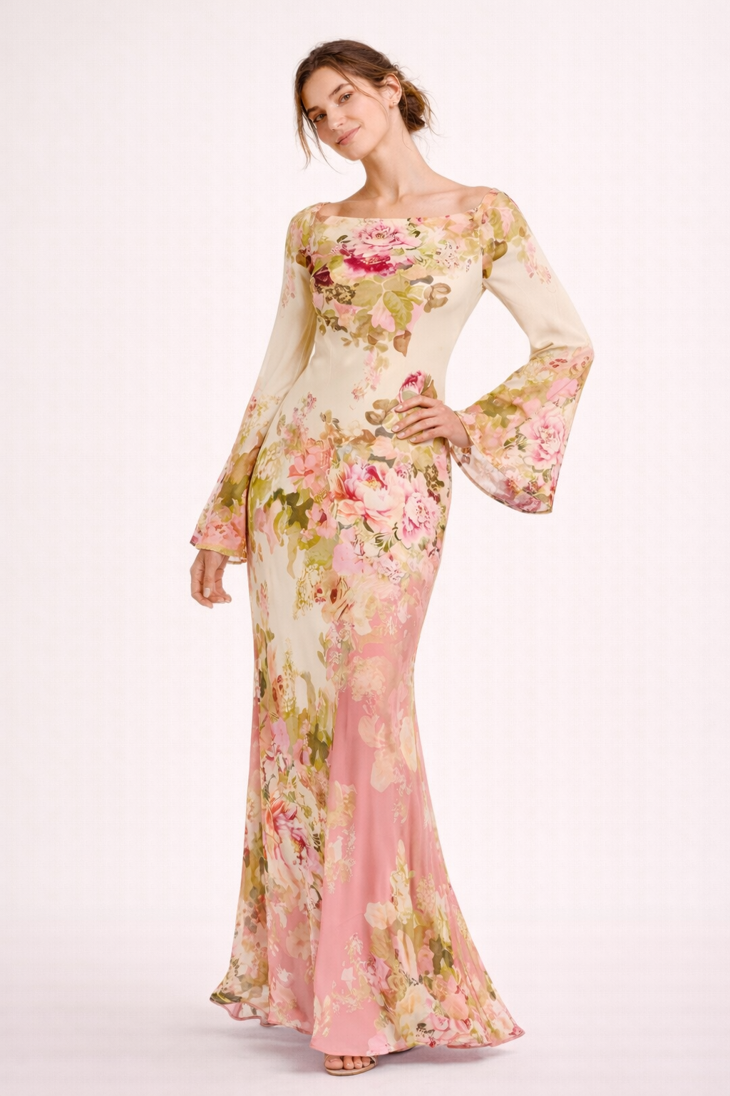 Damen Maxikleid mit Blumendruck und ausgestellten Ärmeln - Helga