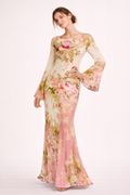 Damen Maxikleid mit Blumendruck und ausgestellten Ärmeln - Helga