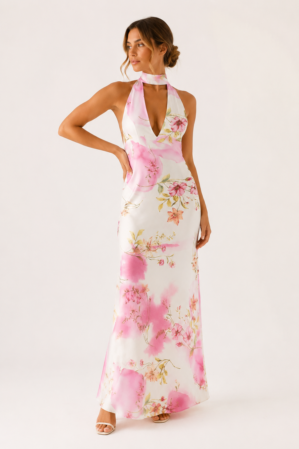 Damen langes Kleid Neckholder Ausschnitt tiefes Dekolleté elegant - Alessa