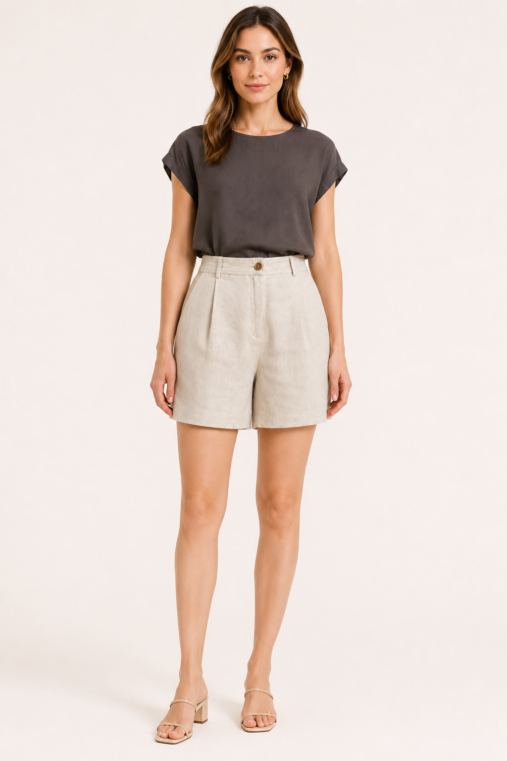 Damen-Shorts aus Leinen und Baumwolle mit hoher Leibhöhe und Abnähern – Holly