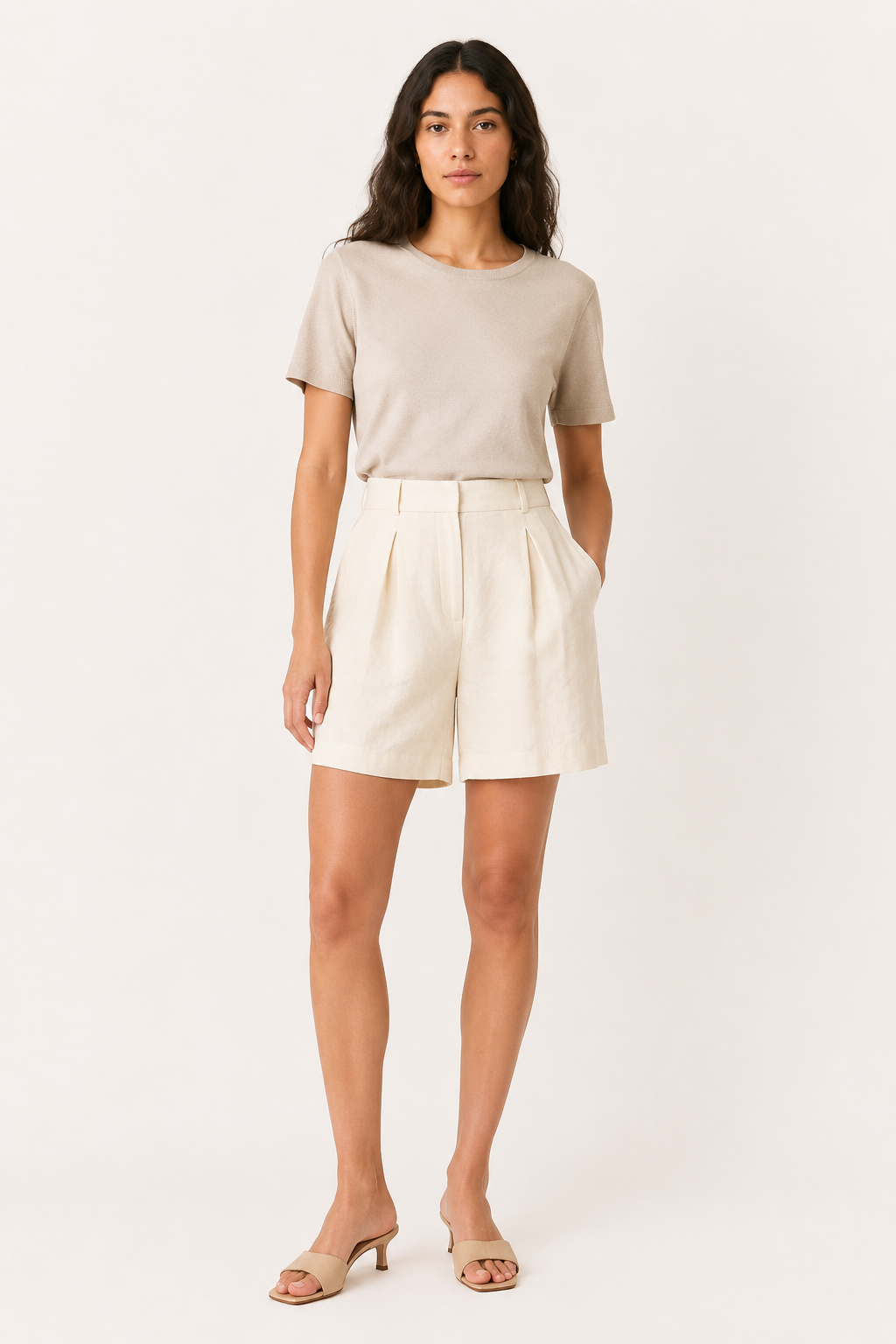 Damen-Shorts aus Leinen und Baumwolle mit hoher Leibhöhe und Abnähern – Holly